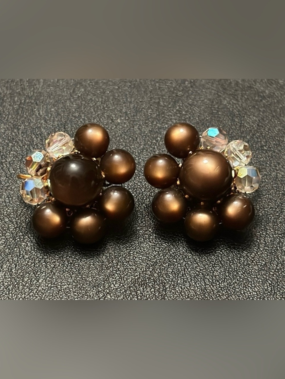 AB Faceted & Brown Glass Bead Cluster Vintage Clip On Earrings